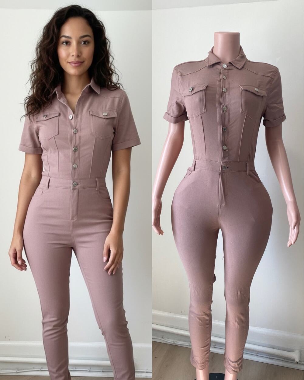 Slim-Fit Mauve Short-Sleeve Utility Jumpsuit